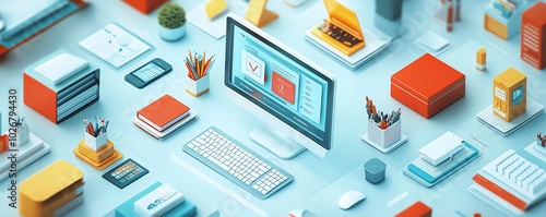 Wallpaper Mural Aerial shot of an innovative marketing workspace, featuring unique branding materials, digital devices, and artistic elements, creating an engaging visual narrative Torontodigital.ca