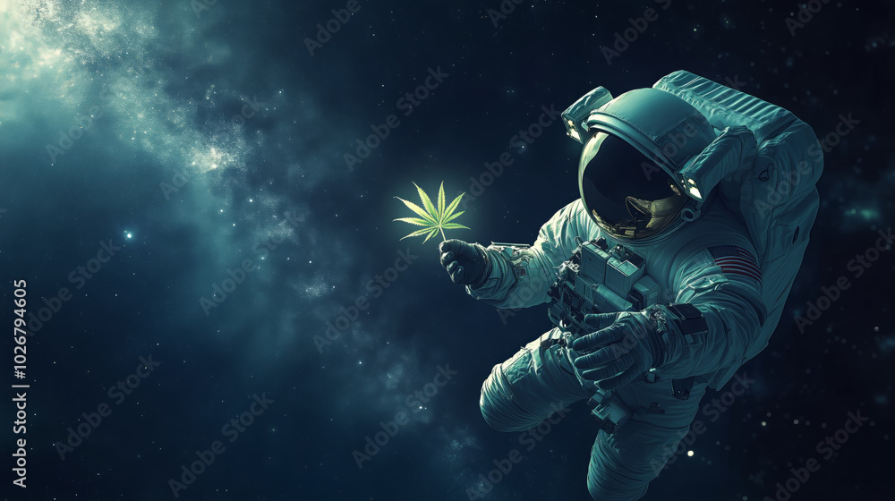 Fototapeta premium Astronaut floating in space holding a glowing cannabis leaf against a cosmic background