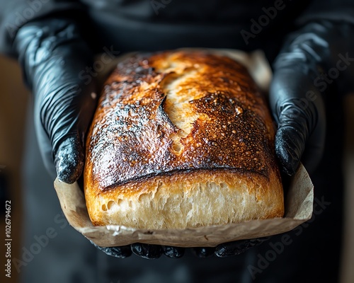 Closeup of a person in black gloves cradling a mediumsized loaf of freshly baked bread, highlighting the texture of the crust and the warmth of the bread photo