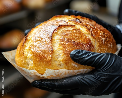 Closeup of a person in black gloves cradling a mediumsized loaf of freshly baked bread, highlighting the texture of the crust and the warmth of the bread photo