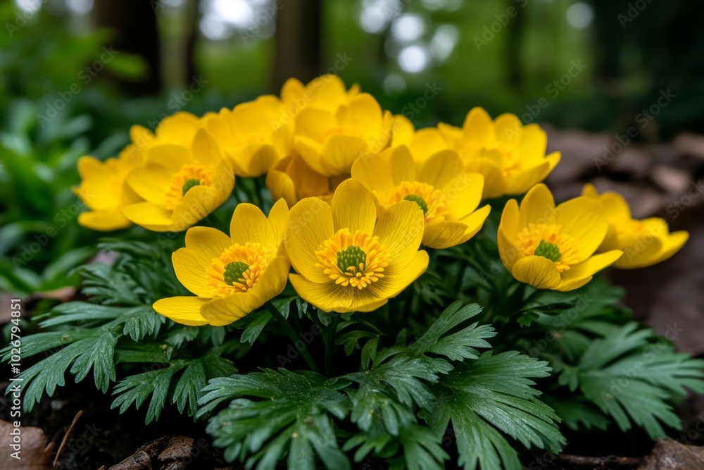 Winter Aconite flowers growing in clusters in a woodland glade, with their bright yellow heads nodding in the breeze, lighting up the early spring landscape Winter Aconite flowers growing in clusters in a woodland glade, with their bright yellow heads nodding in the breeze, lighting up the early spring landscape