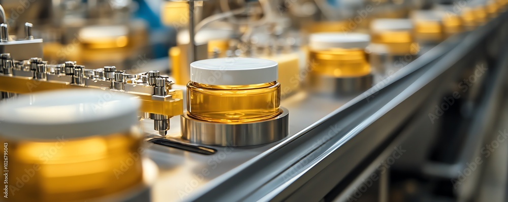 Inside a contemporary factory, a face cream production line in action, with workers in clean uniforms operating stateoftheart machinery and quality control stations Inside a contemporary factory, a face cream production line in action, with workers in clean uniforms operating stateoftheart machinery and quality control stations