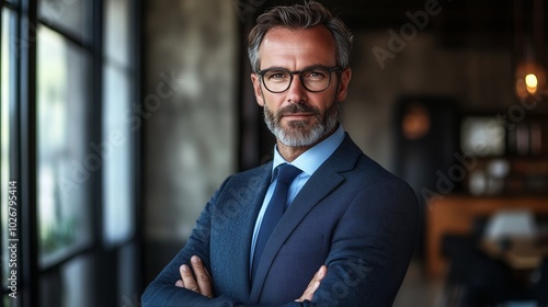 A professional businessman in a formal suit, captured in a modern corporate environment. High-resolution photo ideal for business themes, leadership, and professional presentation.