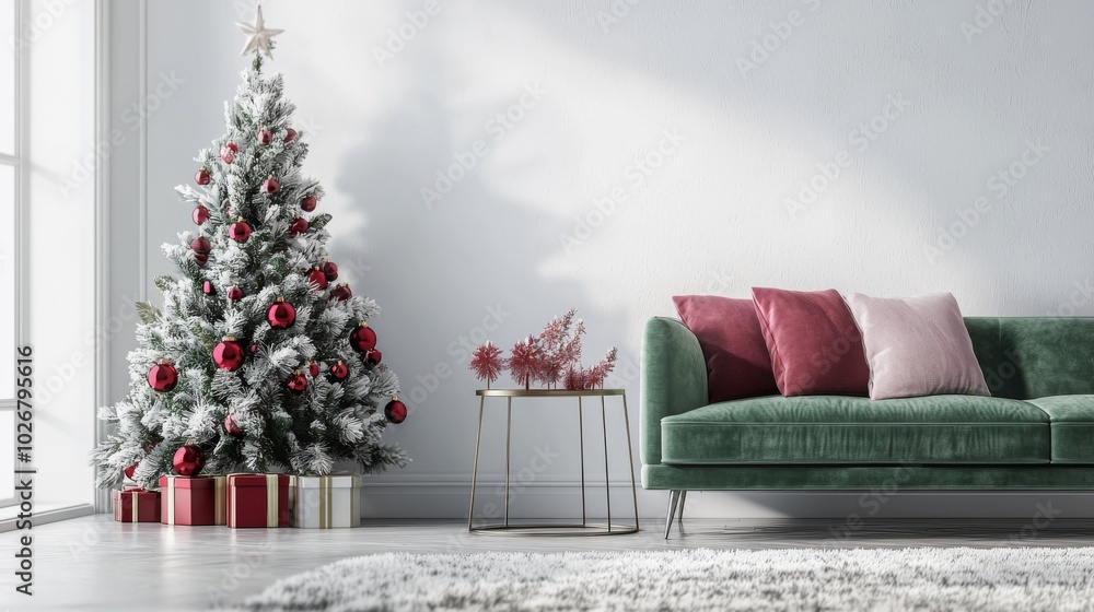 This chic room features white walls, a fireplace, and pink-themed Christmas decorations, adding warmth to the holiday. In the center, a tree decorated with pink ornaments completes the scene. This chic room features white walls, a fireplace, and pink-themed Christmas decorations, adding warmth to the holiday. In the center, a tree decorated with pink ornaments completes the scene.