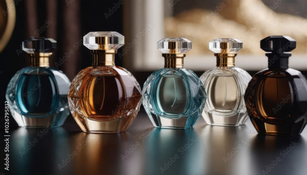 A collection of beautifully shaped crystal-clear perfume bottles elegantly displayed on a dark luxurious backdrop. This striking image is ideal for fragrance industry advertisements and branding. A collection of beautifully shaped crystal-clear perfume bottles elegantly displayed on a dark luxurious backdrop. This striking image is ideal for fragrance industry advertisements and branding.