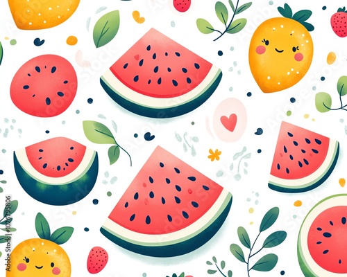 Charming cartoon pattern with whimsical Korean watermelon illustrations, incorporating fun elements and lively colors, perfect for summerthemed designs photo