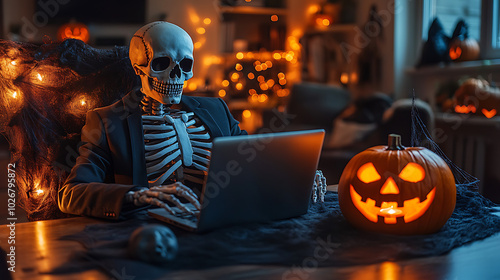 Skeleton in suit working on laptop beside a Halloween pumpkin.