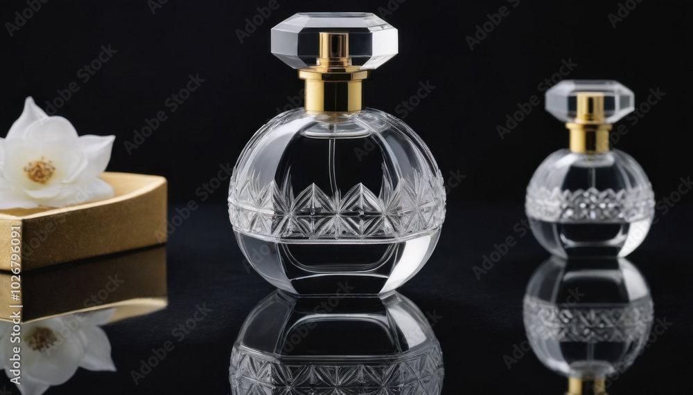 A collection of beautifully shaped crystal-clear perfume bottles elegantly displayed on a dark luxurious backdrop. This striking image is ideal for fragrance industry advertisements and branding. A collection of beautifully shaped crystal-clear perfume bottles elegantly displayed on a dark luxurious backdrop. This striking image is ideal for fragrance industry advertisements and branding.