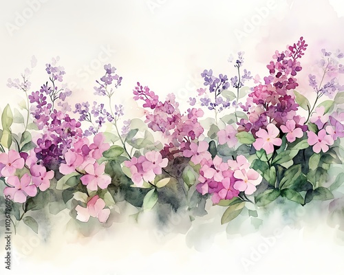 Delicate watercolor flowers border, featuring a soft color palette of lilacs, pinks, and greens, creating a gentle and inviting frame for any design