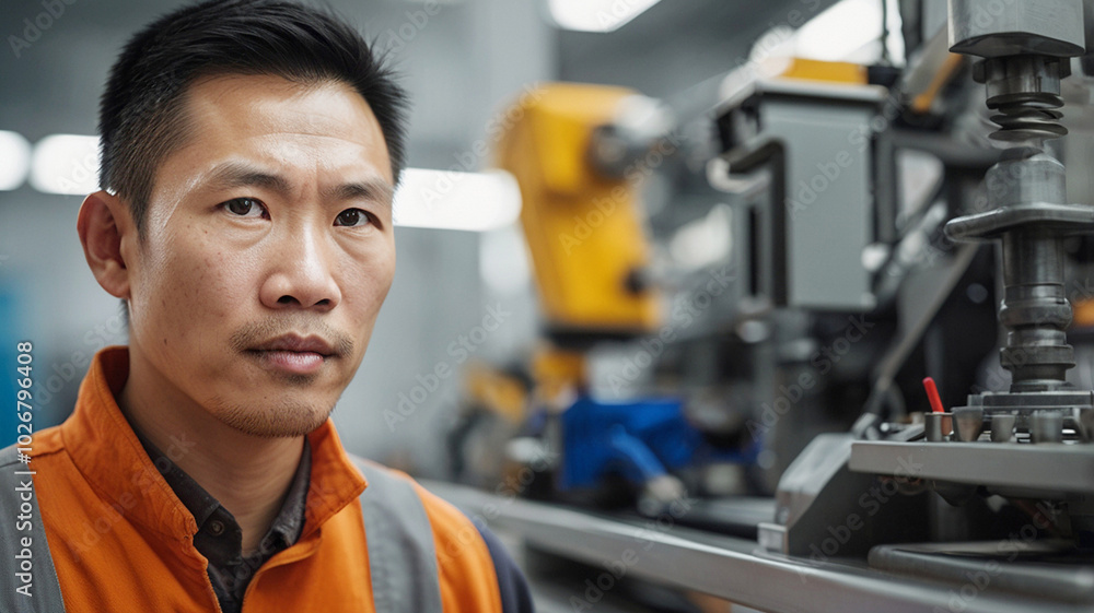 A Chinese worker in a factory, industrial field, a realistic style of portrait A Chinese worker in a factory, industrial field, a realistic style of portrait