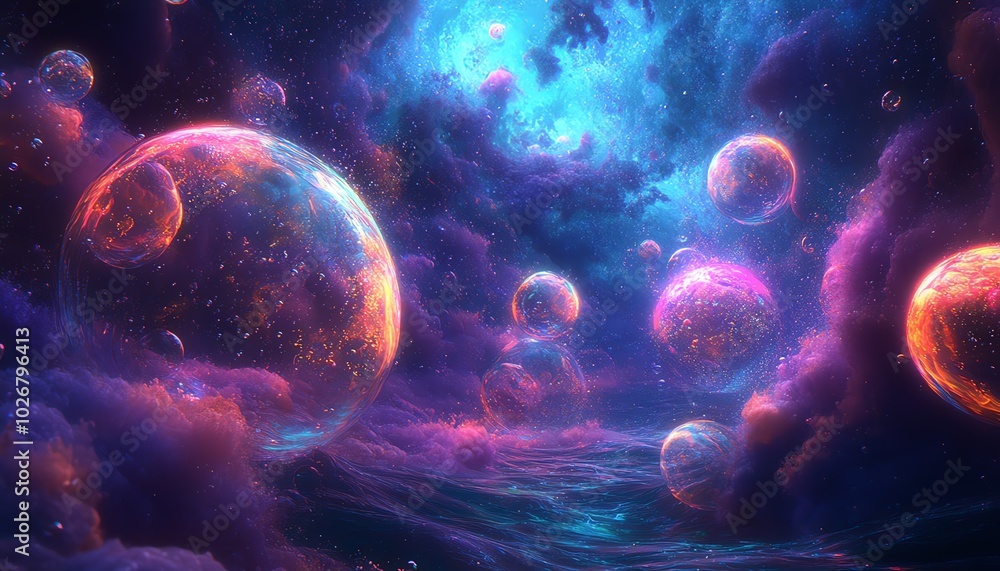 Mystical underwater realm with abstract shapes and vivid colors, populated by surreal sea creatures and shimmering bubbles dancing in the currents Mystical underwater realm with abstract shapes and vivid colors, populated by surreal sea creatures and shimmering bubbles dancing in the currents