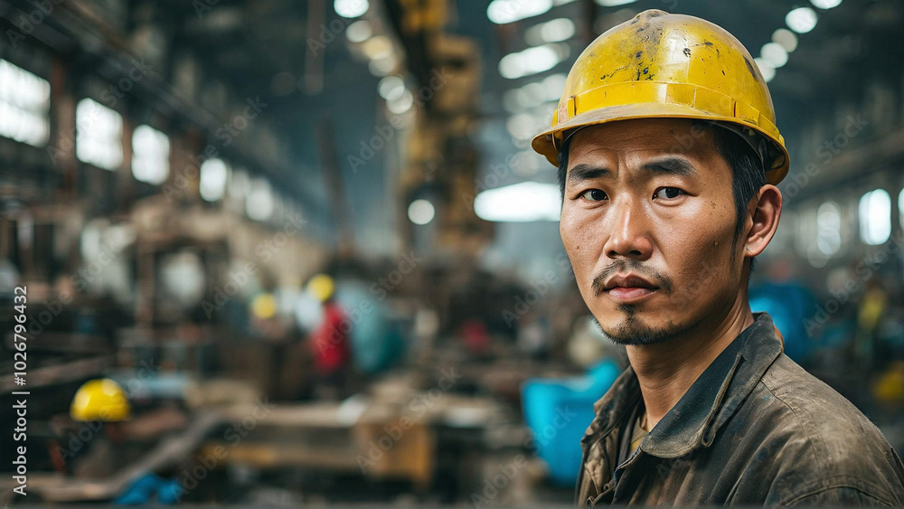 A Chinese worker in a factory, industrial field, a realistic style of portrait A Chinese worker in a factory, industrial field, a realistic style of portrait