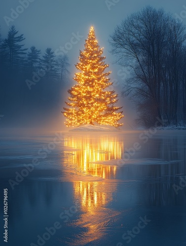 Illuminated Christmas Tree on a Frozen Lake