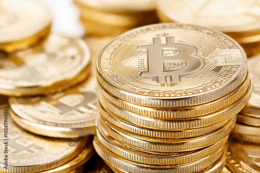A close-up view of stacked gold Bitcoin coins on a white background A close-up view of stacked gold Bitcoin coins on a white background