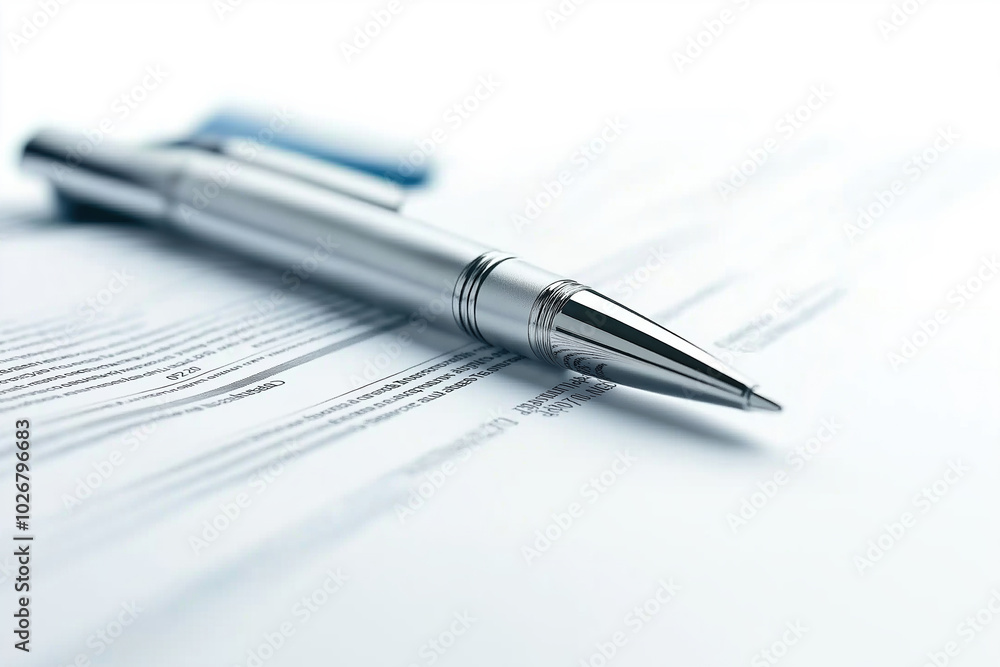 Close-up of a silver pen resting on important documents in a bright office space Close-up of a silver pen resting on important documents in a bright office space