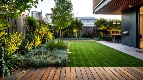 Nice modern backyard with teak flooring fence and emerald grown plants and trees