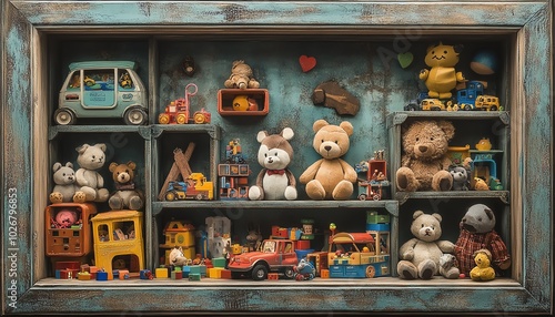 Whimsical distressed rectangle frame showcasing an array of toys, including stuffed animals and building blocks, creating a fun and inviting atmosphere