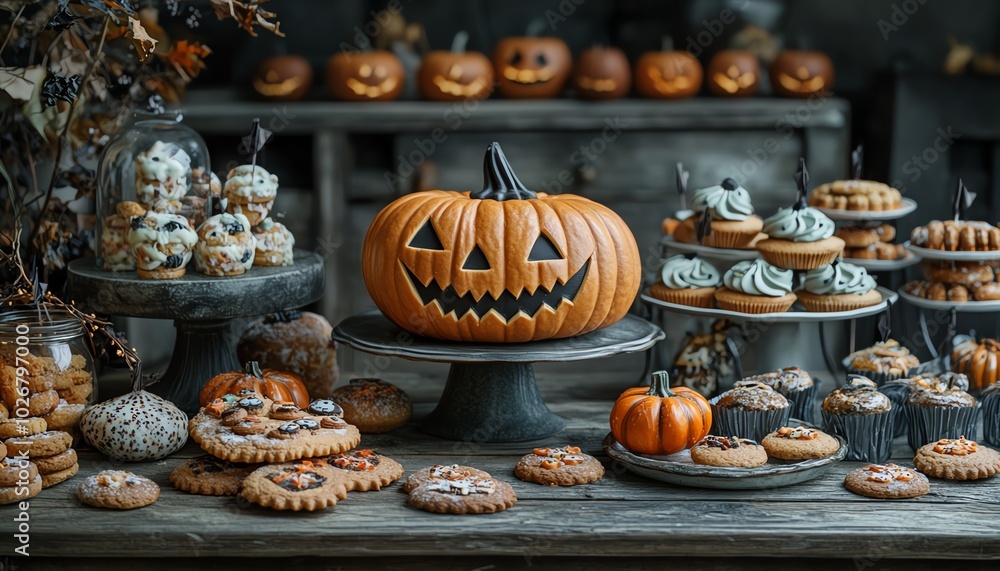 Artistic representation of Halloweenthemed sweets, including cookies and candies, beautifully arranged on a rustic wooden table for a haunted celebration Artistic representation of Halloweenthemed sweets, including cookies and candies, beautifully arranged on a rustic wooden table for a haunted celebration