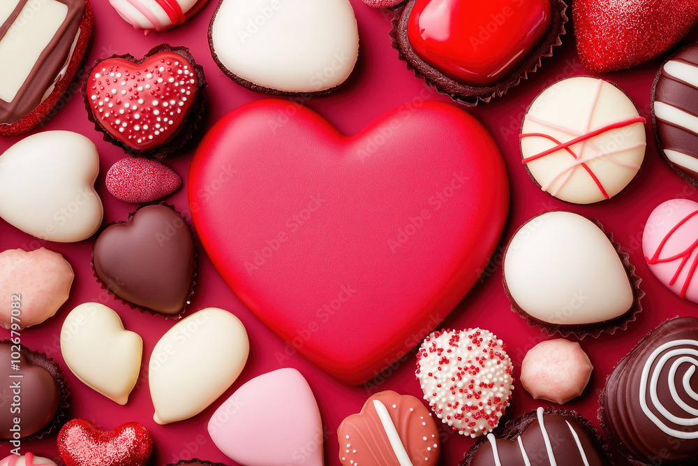 Fototapeta premium Heart-shaped chocolates on a bright red background for Valentine's Day