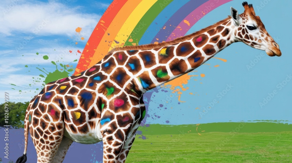 Obraz premium A Beautifully Painted Giraffe Stands Proudly in a Vibrant Field Under a Rainbow, Showcasing Its Artistic Coat Under a Clear Sky. Generative AI