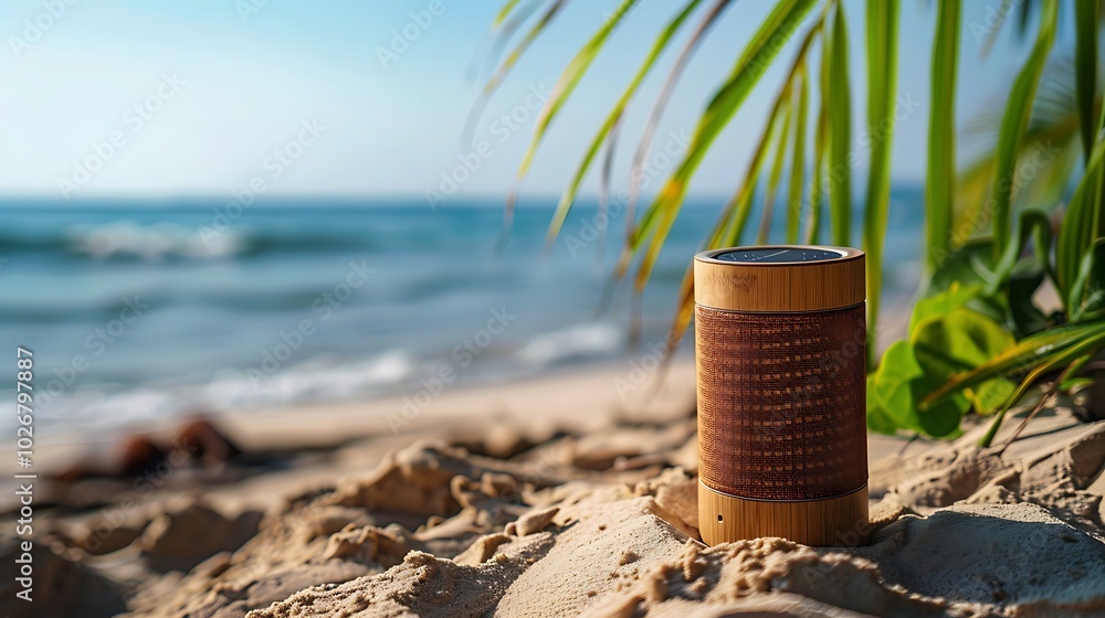 On a sandy beach a wireless speaker with a supporting opinions On a sandy beach a wireless speaker with a supporting opinions