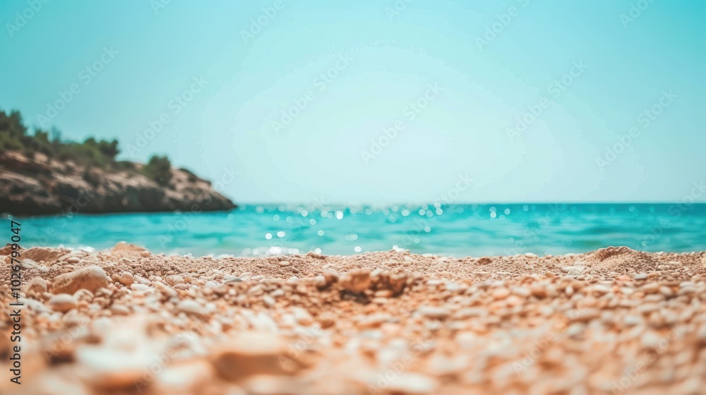 Fototapeta premium Close-up View of Pebbles on a Sandy Beach with a Blurred Ocean and Sky in the Background