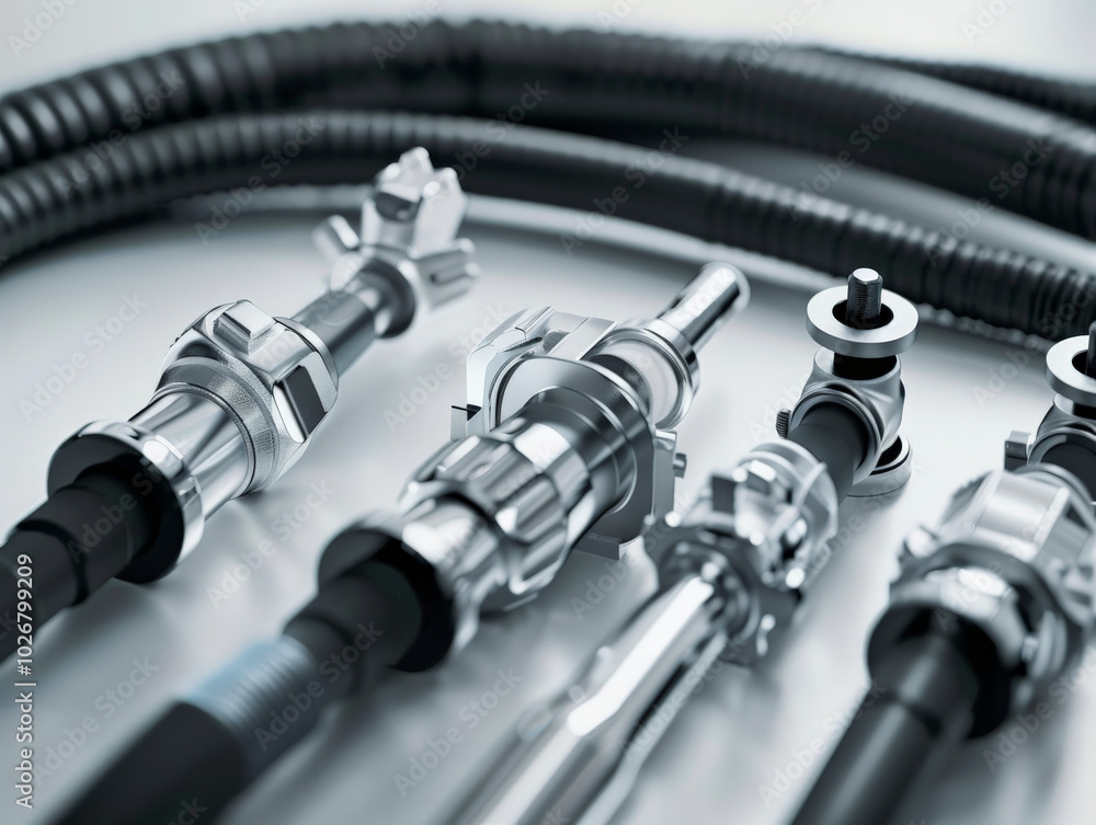 High quality metallic connectors and hoses arranged neatly, showcasing their intricate design and functionality. These components are essential in various mechanical applications High quality metallic connectors and hoses arranged neatly, showcasing their intricate design and functionality. These components are essential in various mechanical applications