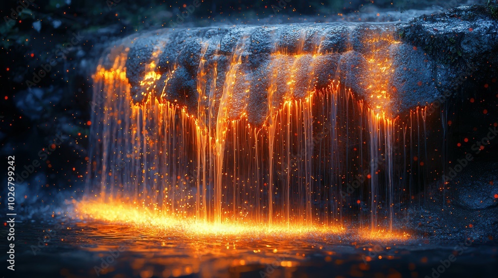 Naklejka premium A stunning view of a waterfall with glowing orange light, cascading over rocks. The scene is lit up by vibrant splashes, creating a magical atmosphere.