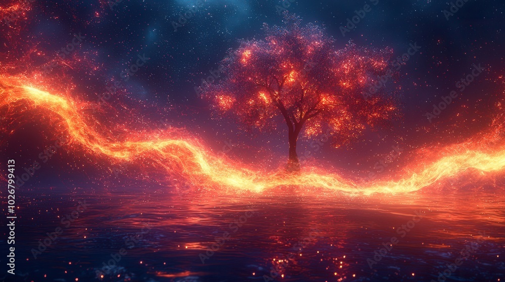 A striking image of a solitary tree illuminated against a cosmic backdrop, with swirling fire-like elements enhancing the ethereal ambiance. A striking image of a solitary tree illuminated against a cosmic backdrop, with swirling fire-like elements enhancing the ethereal ambiance.