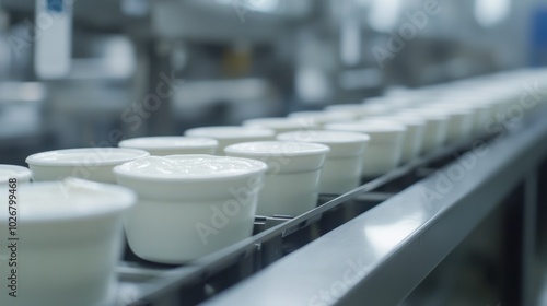 A Close-Up View of Yogurt Containers Moving Along the Production Line in a Bustling Dairy Factory During a Busy Operational Day. Generative AI