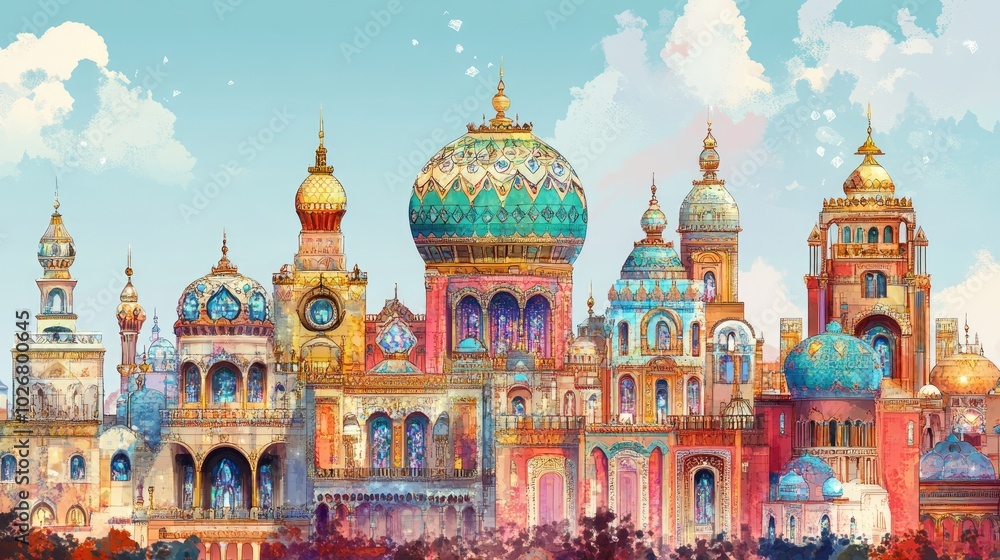 Obraz premium Luxurious cityscape with ornate domes and intricate buildings, adorned with shimmering diamonds and precious jewelry