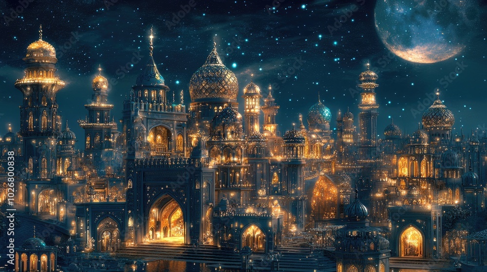 A dazzling city of ornate buildings and domes, adorned with glittering diamonds and jewelry, glowing under the moonlight A dazzling city of ornate buildings and domes, adorned with glittering diamonds and jewelry, glowing under the moonlight