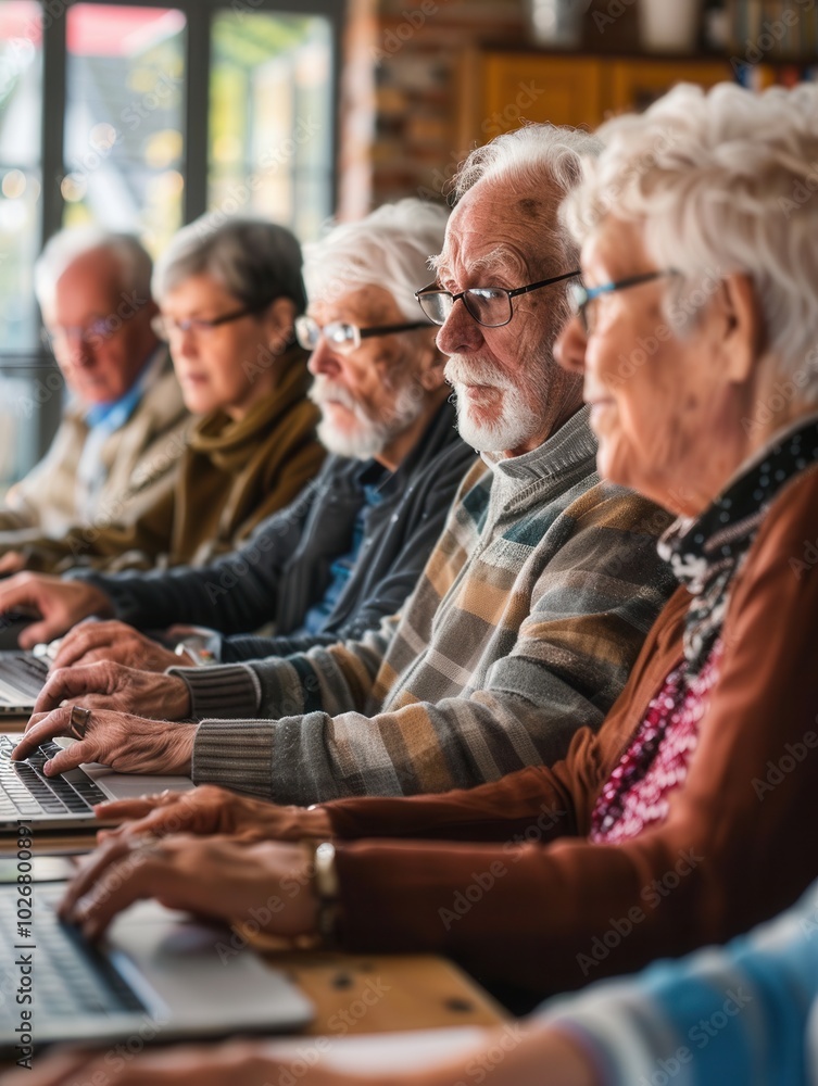 A group of elderly individuals participates in a computer course, improving their digital skills using laptops in a supportive setting. Generative AI A group of elderly individuals participates in a computer course, improving their digital skills using laptops in a supportive setting. Generative AI