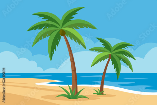  palms on empty idyllic tropical sand beach vector art illustration