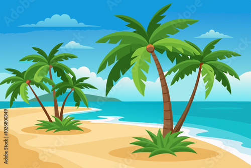  palms on empty idyllic tropical sand beach vector art illustration