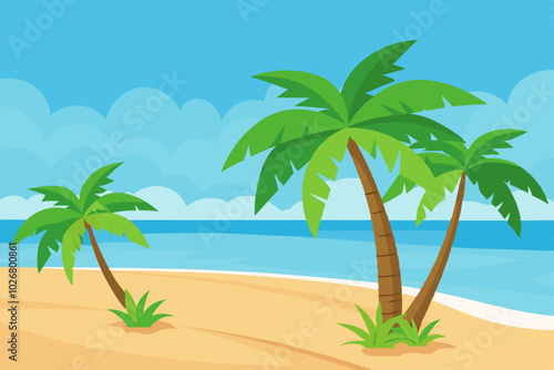  palms on empty idyllic tropical sand beach vector art illustration