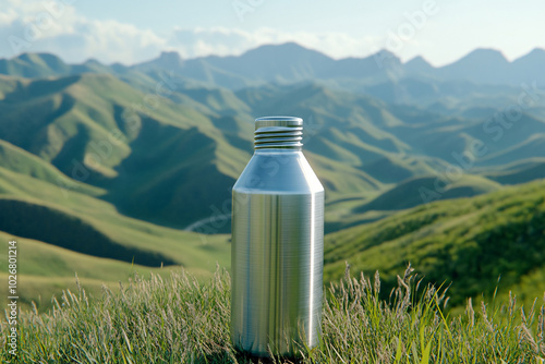 Stainless Steel Bottle on Mountaintop: Nature's Refreshment