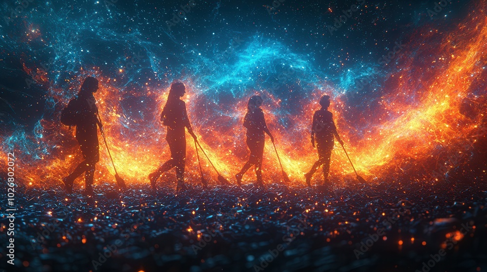 A group of silhouetted figures walks through a vibrant cosmic landscape, with fiery orange and blue abstract effects surrounding them.
