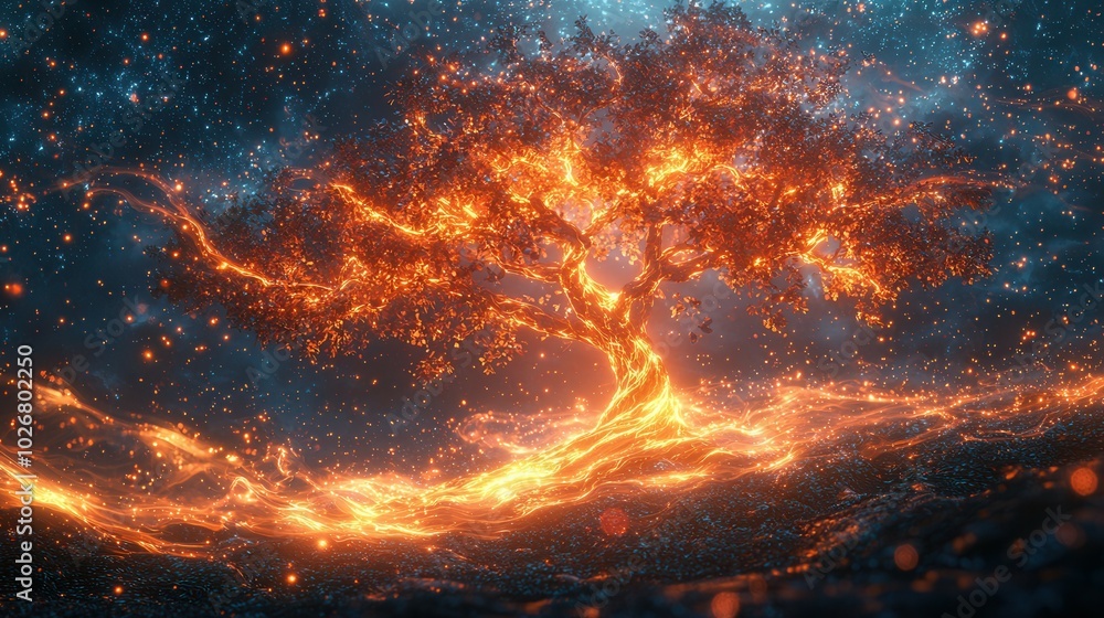 Fototapeta premium A mesmerizing artistic depiction of a glowing tree illuminated by flowing streams of light in a mystical space setting.