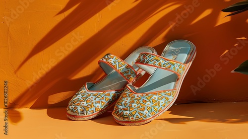 Plush patterned slippers in a set on a vivid orange backdrop