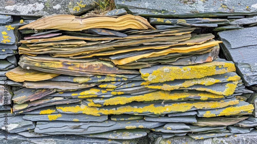 Stacked Slate Rock Wall with Yellow Lichen and Moss Stacked Slate Rock Wall with Yellow Lichen and Moss