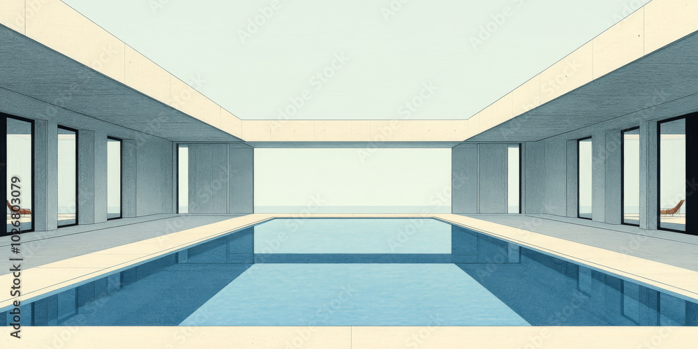 Fototapeta premium Minimalist architecture featuring a pool and patio with views of the ocean.