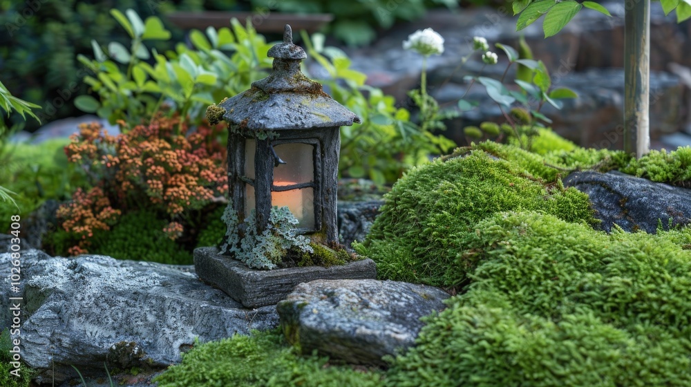 A tranquil garden scene with moss-covered stones and an ancient, weathered lantern A tranquil garden scene with moss-covered stones and an ancient, weathered lantern