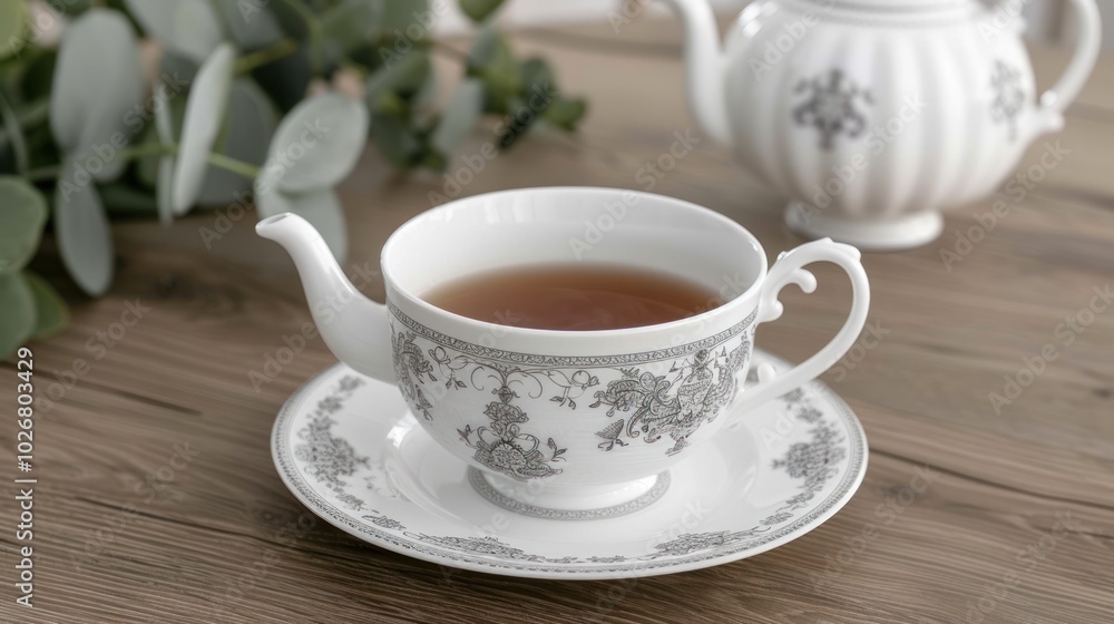 A Cup of Tea with a White Porcelain Teapot and Saucer A Cup of Tea with a White Porcelain Teapot and Saucer