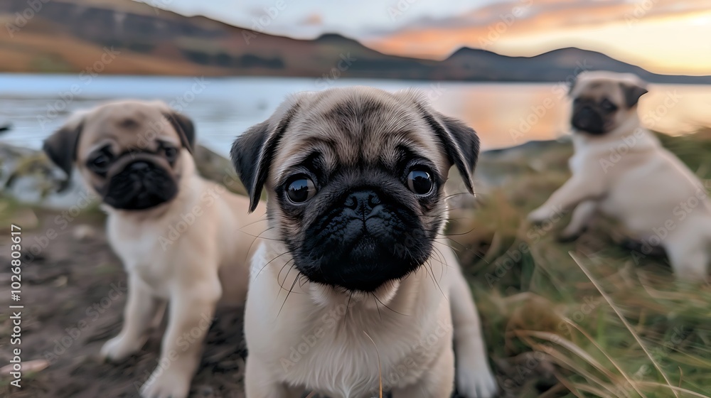 Pug puppies up close toward a backdrop of a setting lake Pug puppies up close toward a backdrop of a setting lake