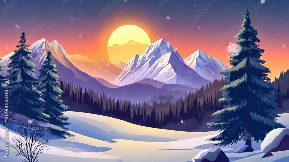 A beautiful winter sunset over a snowy mountain range with a large pine tree in the foreground A beautiful winter sunset over a snowy mountain range with a large pine tree in the foreground