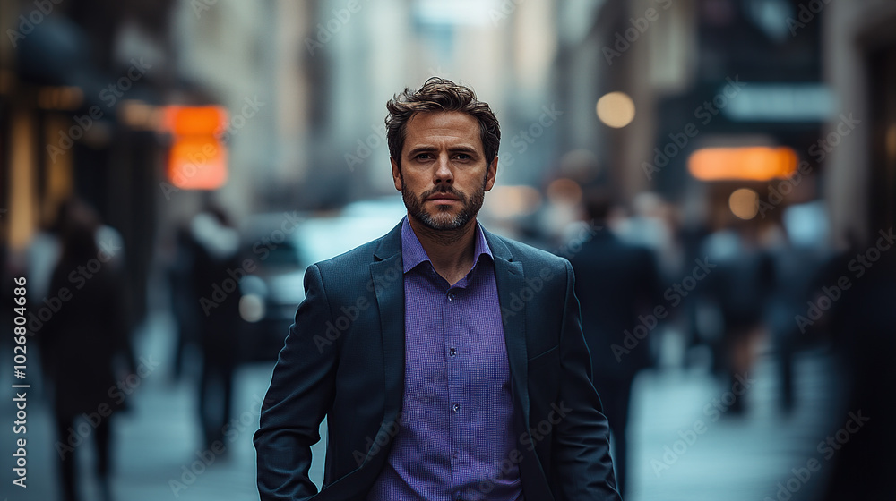 A businessman in a suit and purple shirt walking on the street, surrounded by blurred people A businessman in a suit and purple shirt walking on the street, surrounded by blurred people