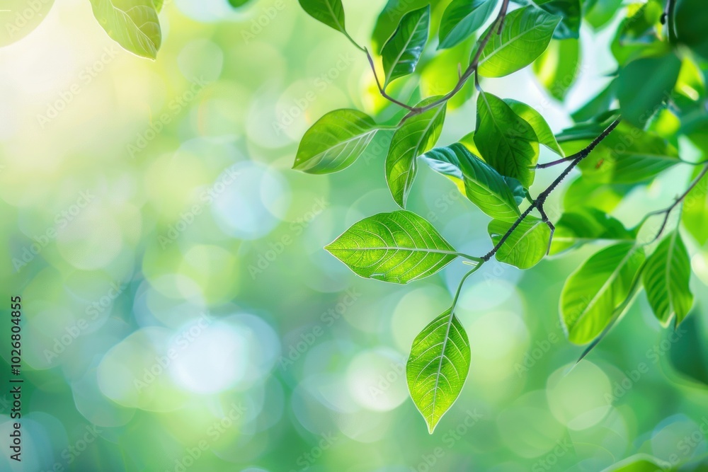 Naklejka premium Green leaves on a branch with blurred sunlight background. Nature and freshness concept.