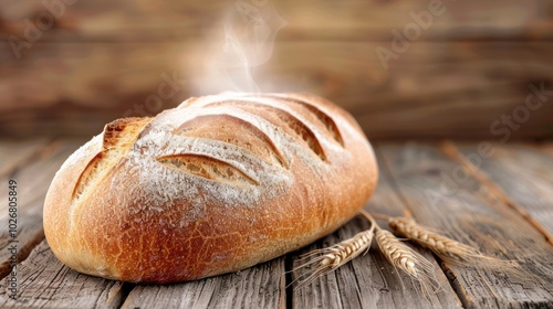 Freshly Baked Loaf of Bread with Steam Rising and Wheat Stalks