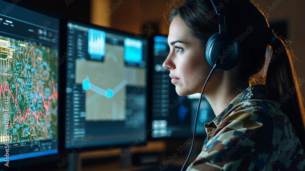 A woman in military fatigues monitors data on a computer screen A woman in military fatigues monitors data on a computer screen